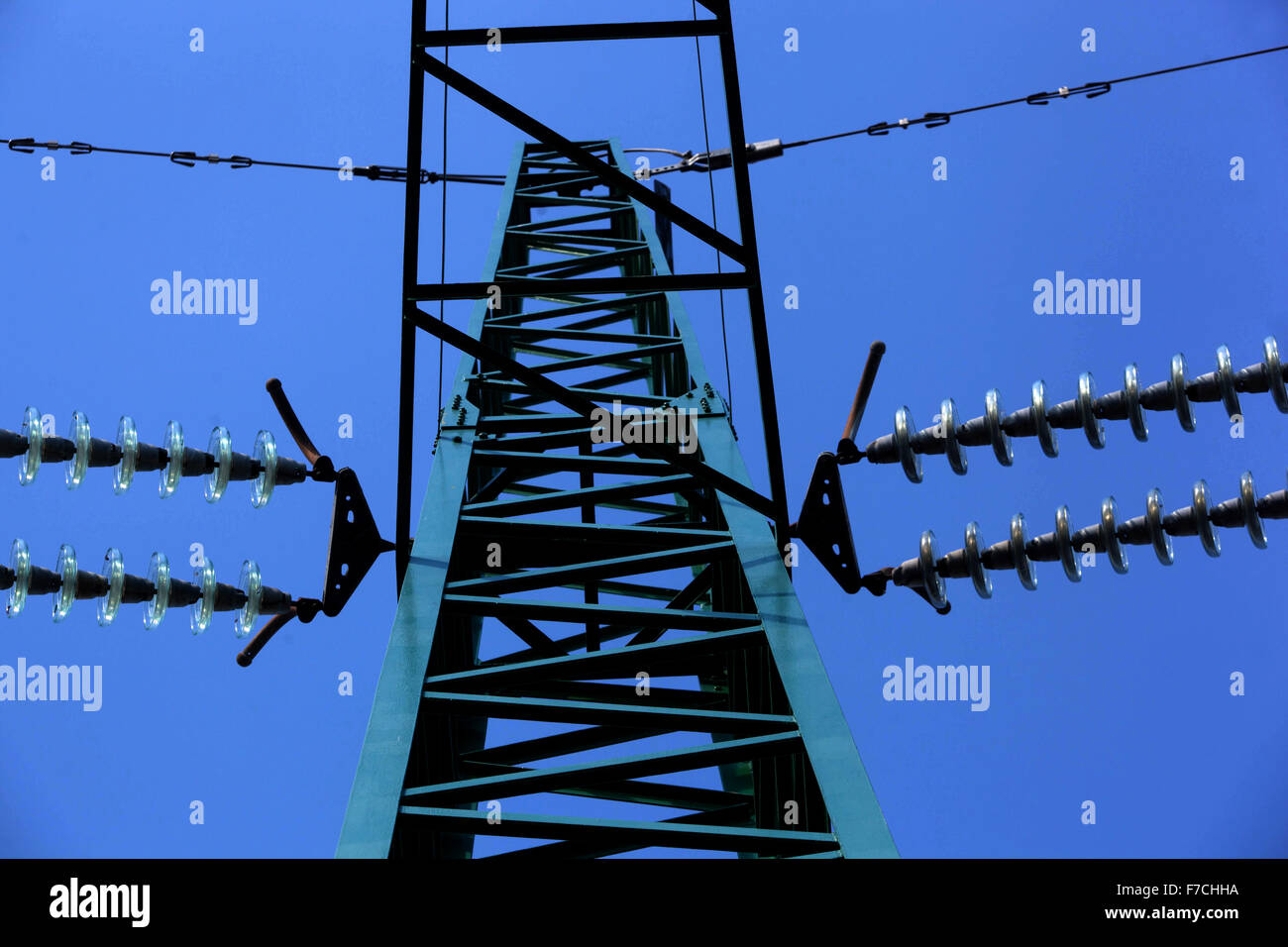 Isolators on Power lines, wires in sky Czech Republic Stock Photo