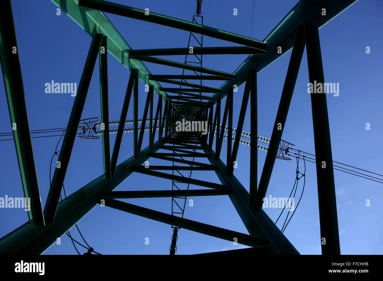 Power line mast grid upward view, Czech Republic Stock Photo