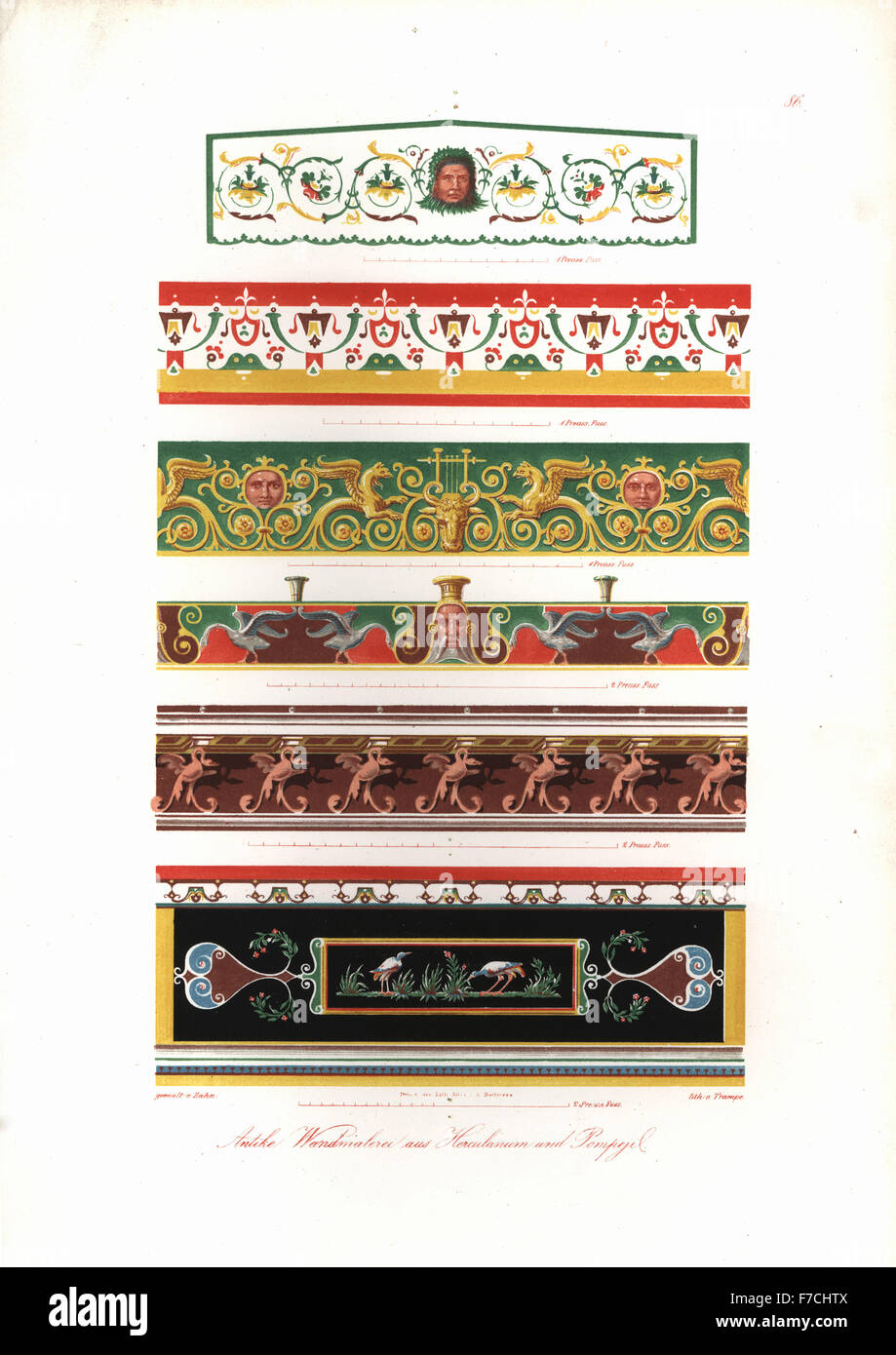 Antique wall paintings from Herculaneum and Pompeii. Handcoloured lithograph by Trampe after an illustration by Wilhelm Zahn from his Ornament of All Classical Art Eras, Ornamente aller klassischen Kunst-Epochen, Reimer, Berlin, 1834. Stock Photo