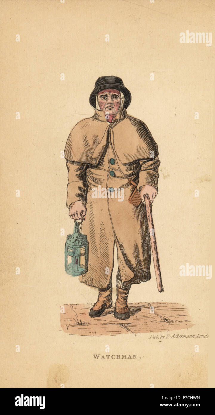 London watchman in great coat and hat with lantern and cudgel, 19th century. Handcoloured copperplate engraving from William Henry Pyne's The World in Miniature: England, Scotland and Ireland, Ackermann, 1827. Stock Photo