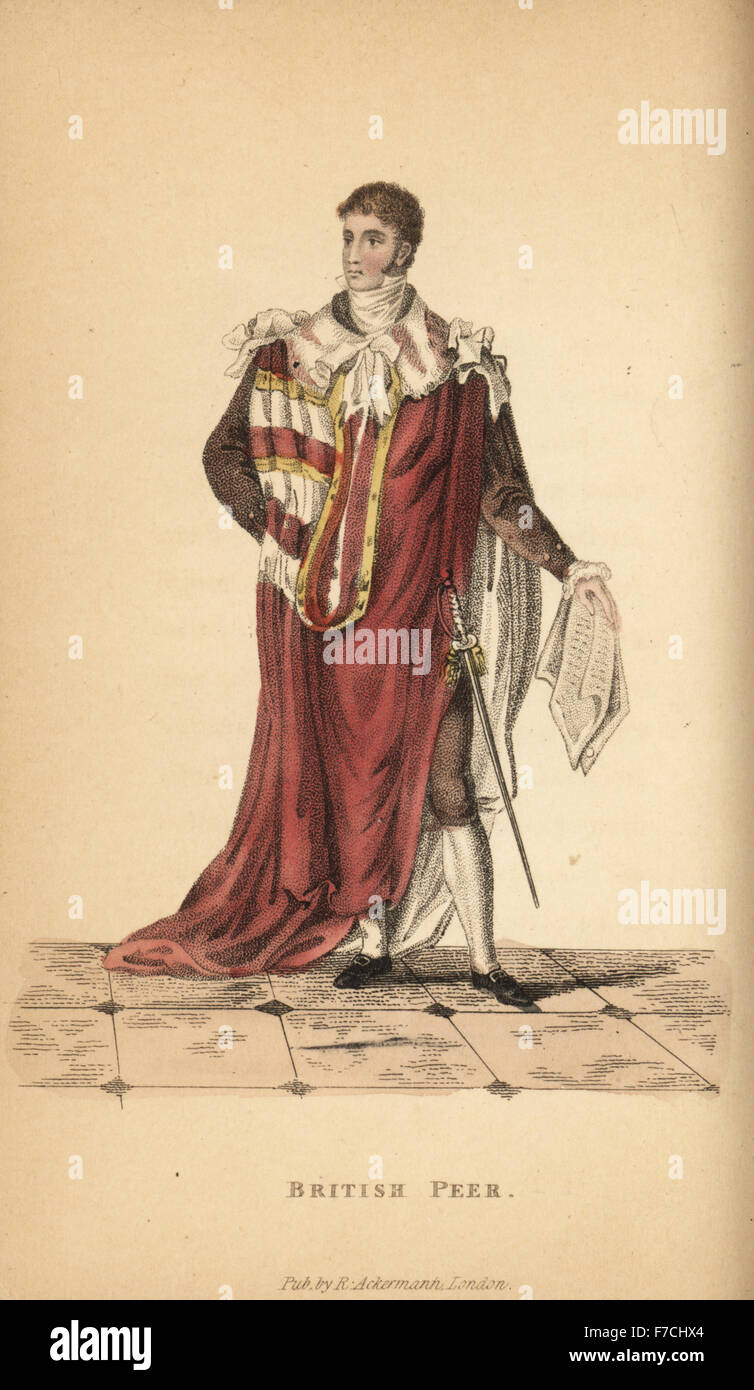 British peer in ceremonial robes: Baron with two gold bars (guards) on his mantlet of velvet lined with white fur, 19th century. Handcoloured copperplate engraving from William Henry Pyne's The World in Miniature: England, Scotland and Ireland, Ackermann, 1827. Stock Photo
