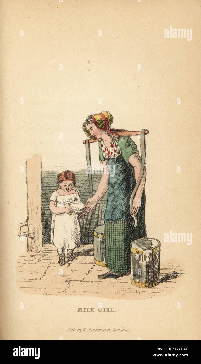 Milkmaid in bonnet, apron and petticoat with yoke and milk buckets selling a bowl of milk to a child, 19th century. Handcoloured copperplate engraving from William Henry Pyne's The World in Miniature: England, Scotland and Ireland, Ackermann, 1827. Stock Photo