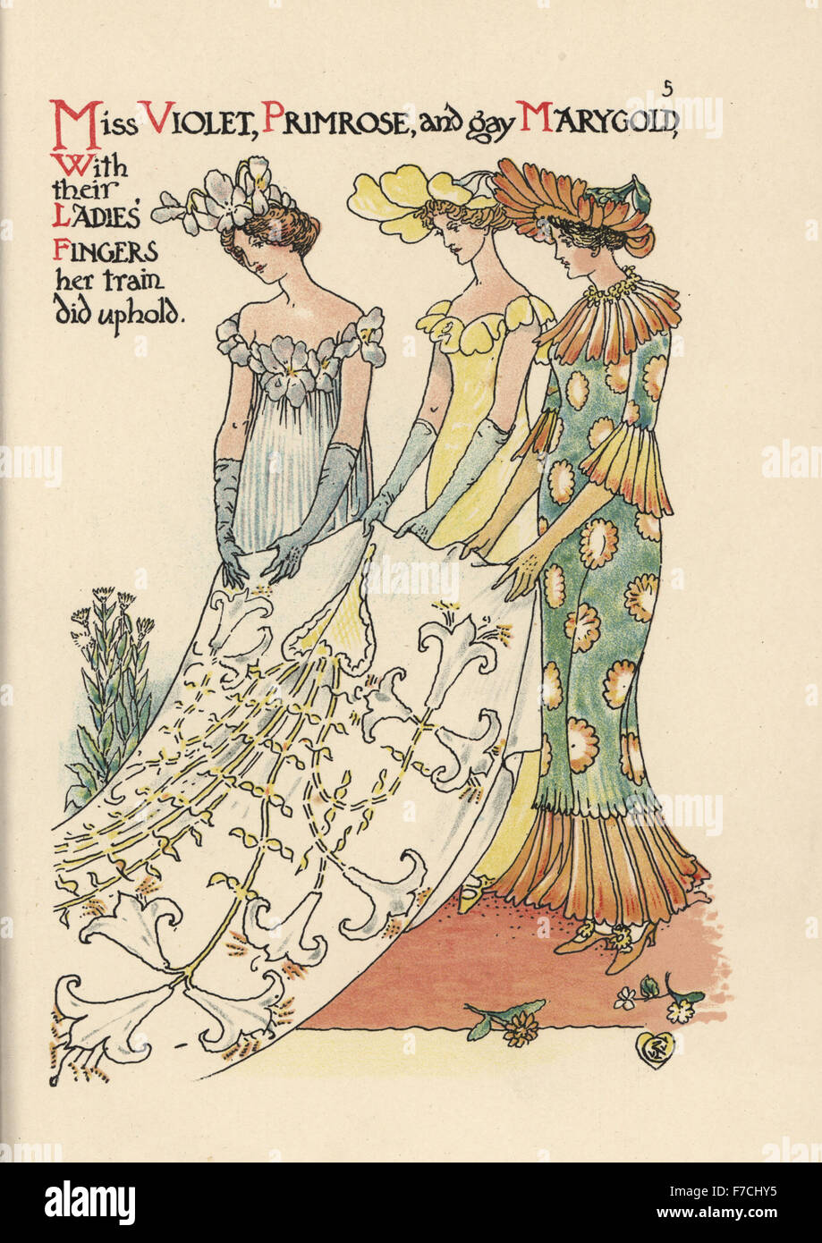 Flower fairies of violet, Viola odorata, primrose, Primula vulgaris, and marigold, Calendula officinalis, holding the bride's train decorated with lilies. Chromolithograph after an illustration by Walter Crane from A Flower Wedding, Cassell, London, 1905. Stock Photo