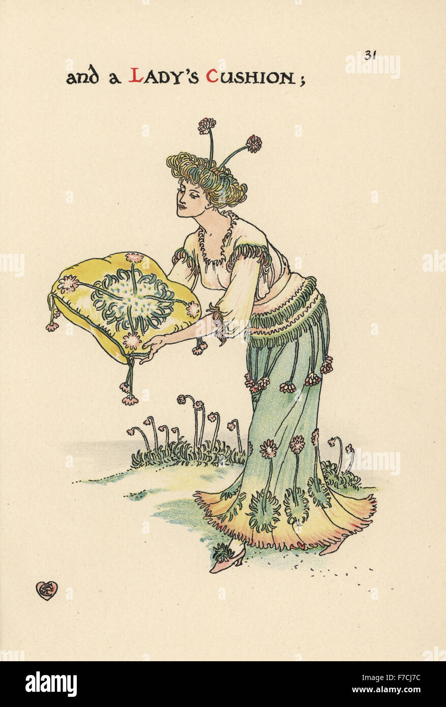 Flower fairy of lady's cushion, Armeria maritima, carrying a cushion with flower embroidery and tassles, and wearing a headdress and dress of flowers. Chromolithograph after an illustration by Walter Crane from A Flower Wedding, Cassell, London, 1905. Stock Photo