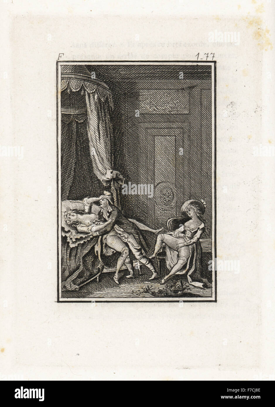 Erotic scene in a bedroom with gentleman having sex with a woman on a bed while another lady watches, 18th century photo