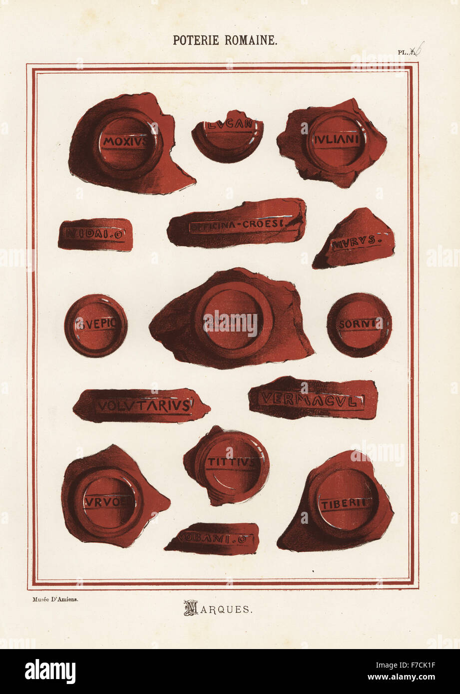 Makers' marks on Roman pottery. Hand-finished chromolithograph from Ris Paquot's General History of Ancient French and Foreign Glazed Pottery, Chez l'Auteur, Paris, 1874. Stock Photo