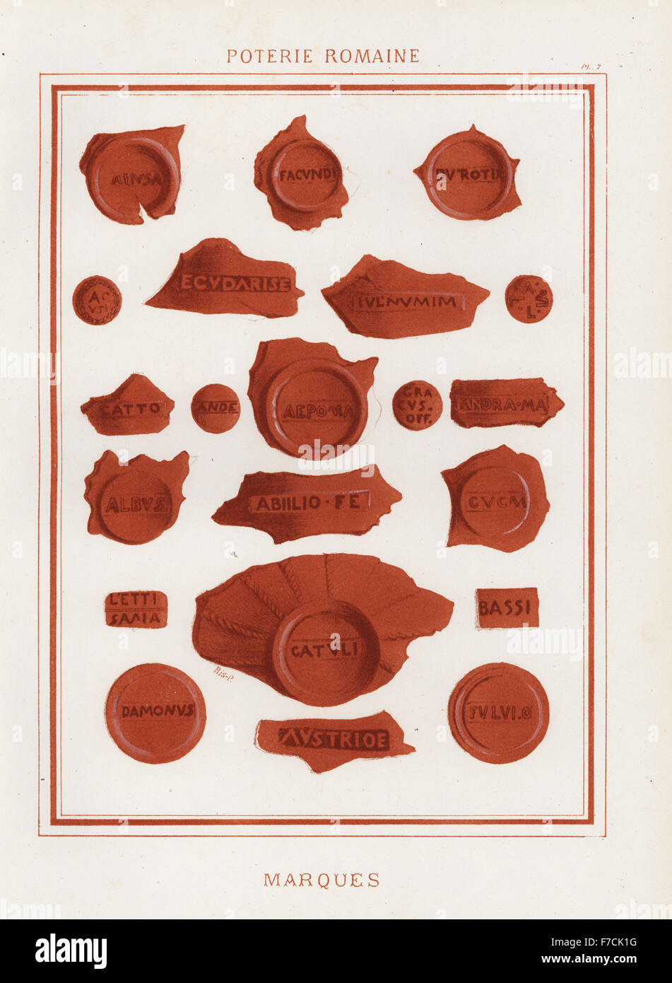 Makers' marks on Roman pottery. Hand-finished chromolithograph from Ris Paquot's General History of Ancient French and Foreign Glazed Pottery, Chez l'Auteur, Paris, 1874. Stock Photo