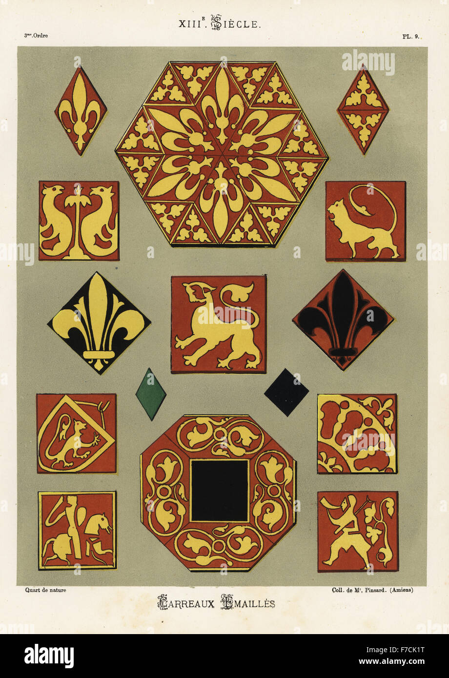 Enamel clay tiles with heraldic devices, 13th century. Hand-finished chromolithograph from Ris Paquot's General History of Ancient French and Foreign Glazed Pottery, Chez l'Auteur, Paris, 1874. Stock Photo