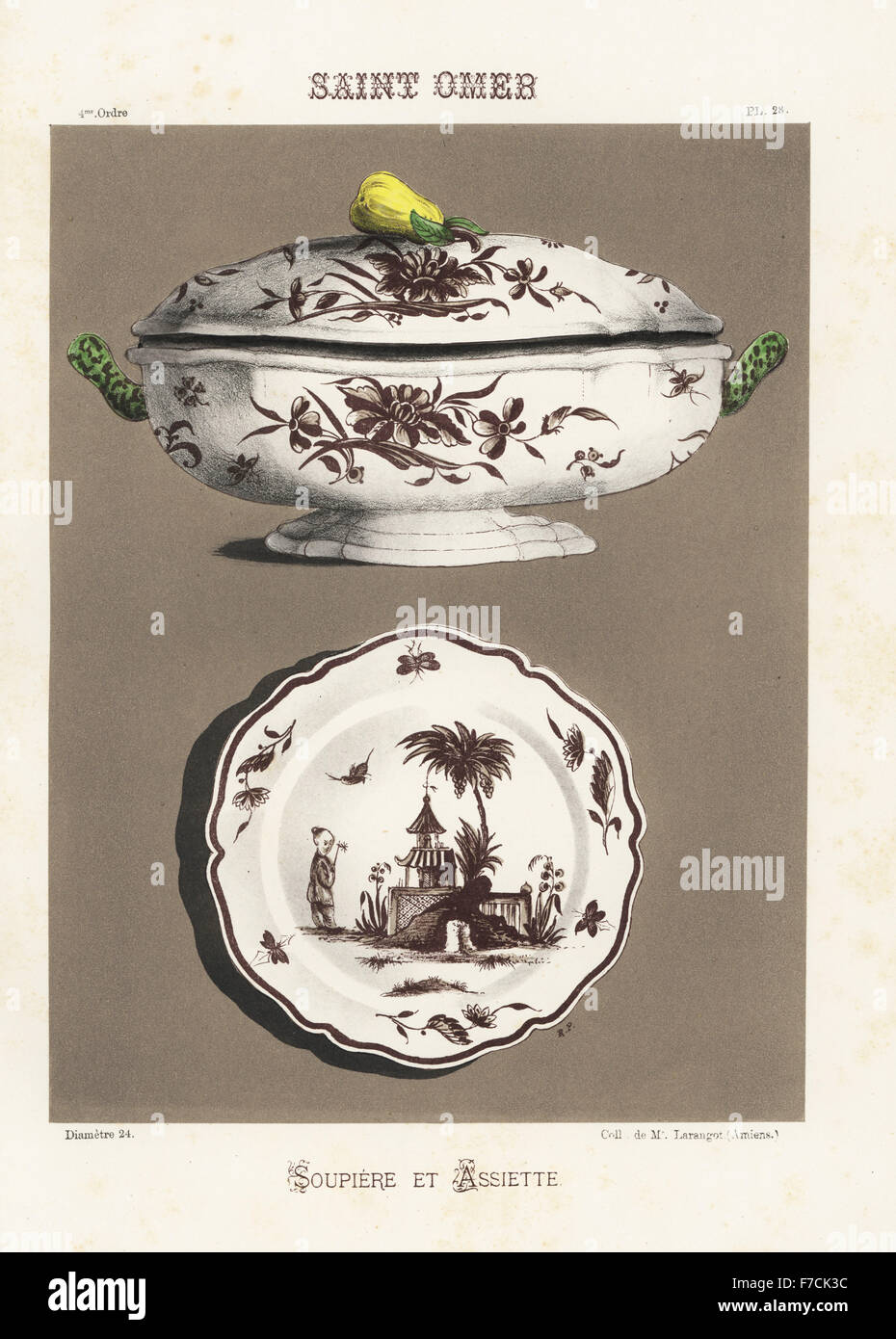 Soup dish and plate from Saint Omer, France. Decorated with Chinese landscape scene, insects, birds. Hand-finished chromolithograph by Ris Paquot from his General History of Ancient French and Foreign Glazed Pottery, Chez l'Auteur, Paris, 1874. Stock Photo