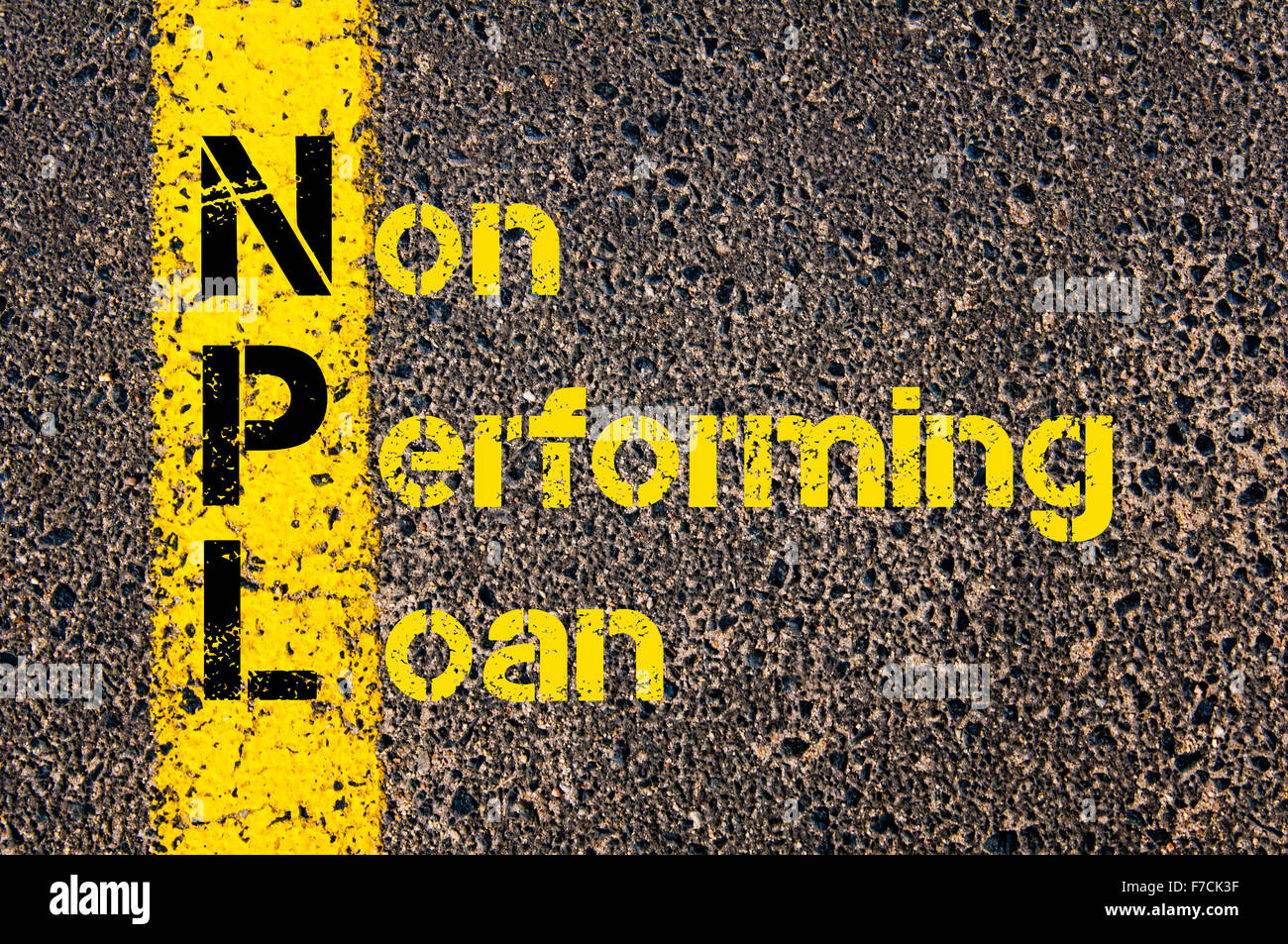 Concept image of Business Acronym NPL as Non Performing Loan written over road marking yellow paint line. Stock Photo