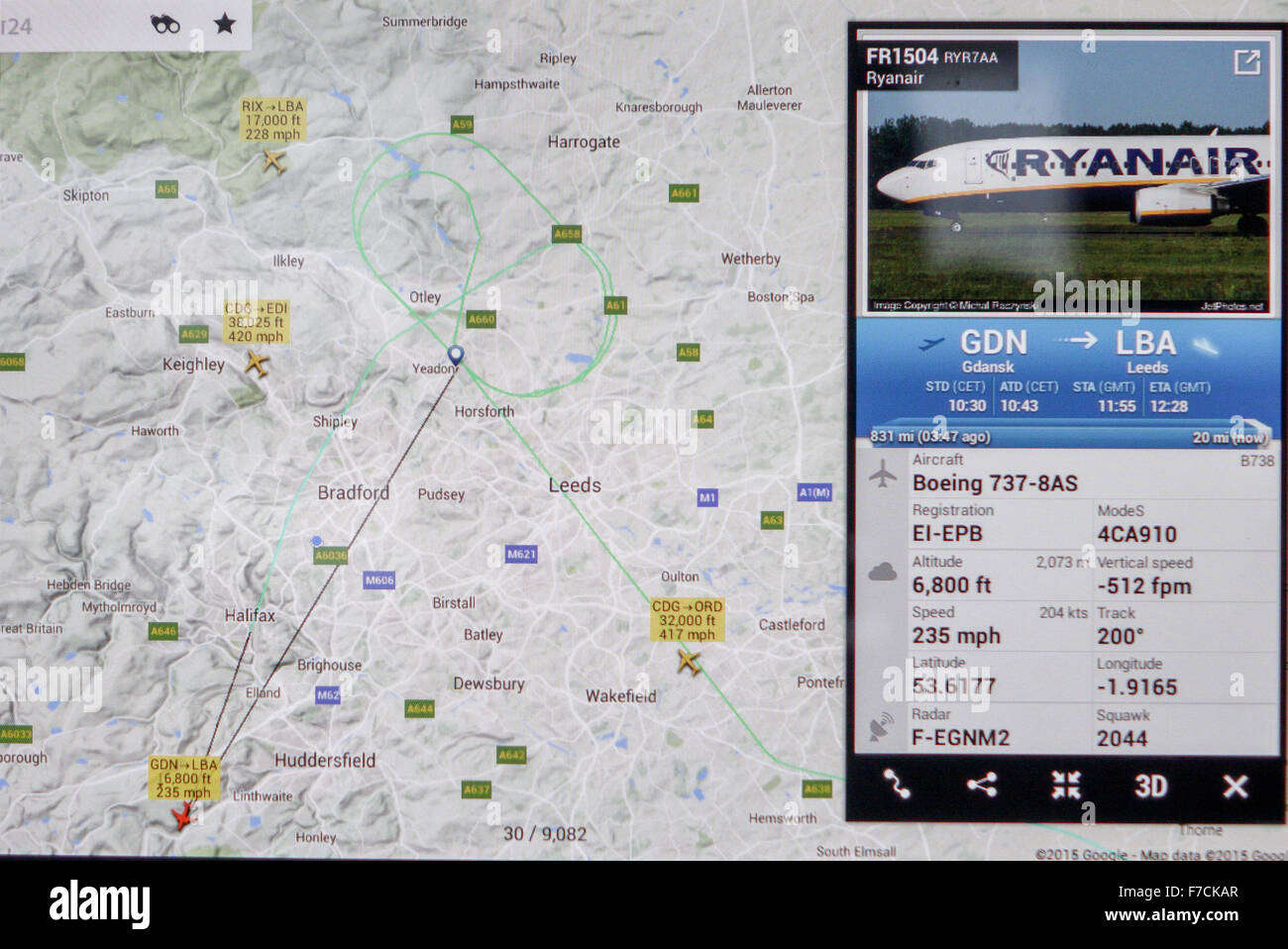 Leeds, West Yorkshire, UK. 29th November, 2015. Flight Radar App shows