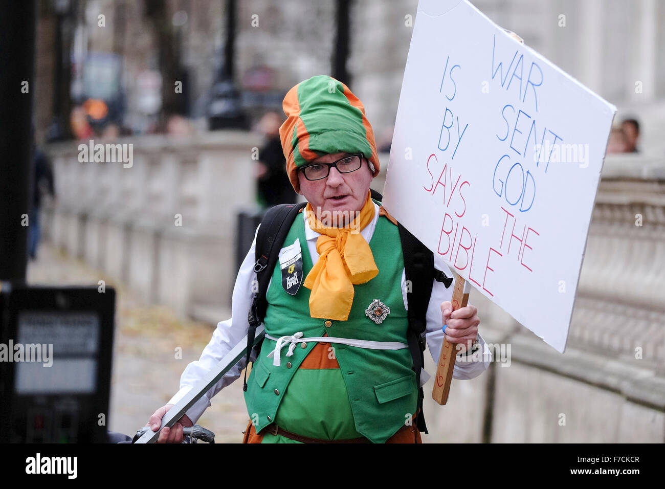 Neil Cornelius Horan a Christian fundamentalist arrives at a demonstration opposite Downing Street in London to protest at the U Stock Photo