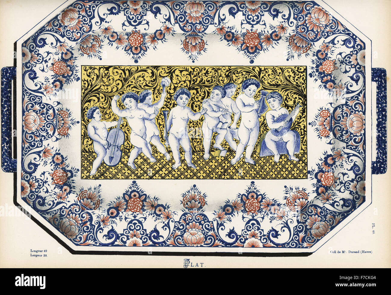 Decorative rectangular plate from Rouen with handles. Painted with six putti in laurel wreaths with cello, lute, lyre, quill, torch on a gold ground, bordered with foliage. Hand-finished chromolithograph from Ris Paquot's General History of Ancient French and Foreign Glazed Pottery, Chez l'Auteur, Paris, 1874. Stock Photo