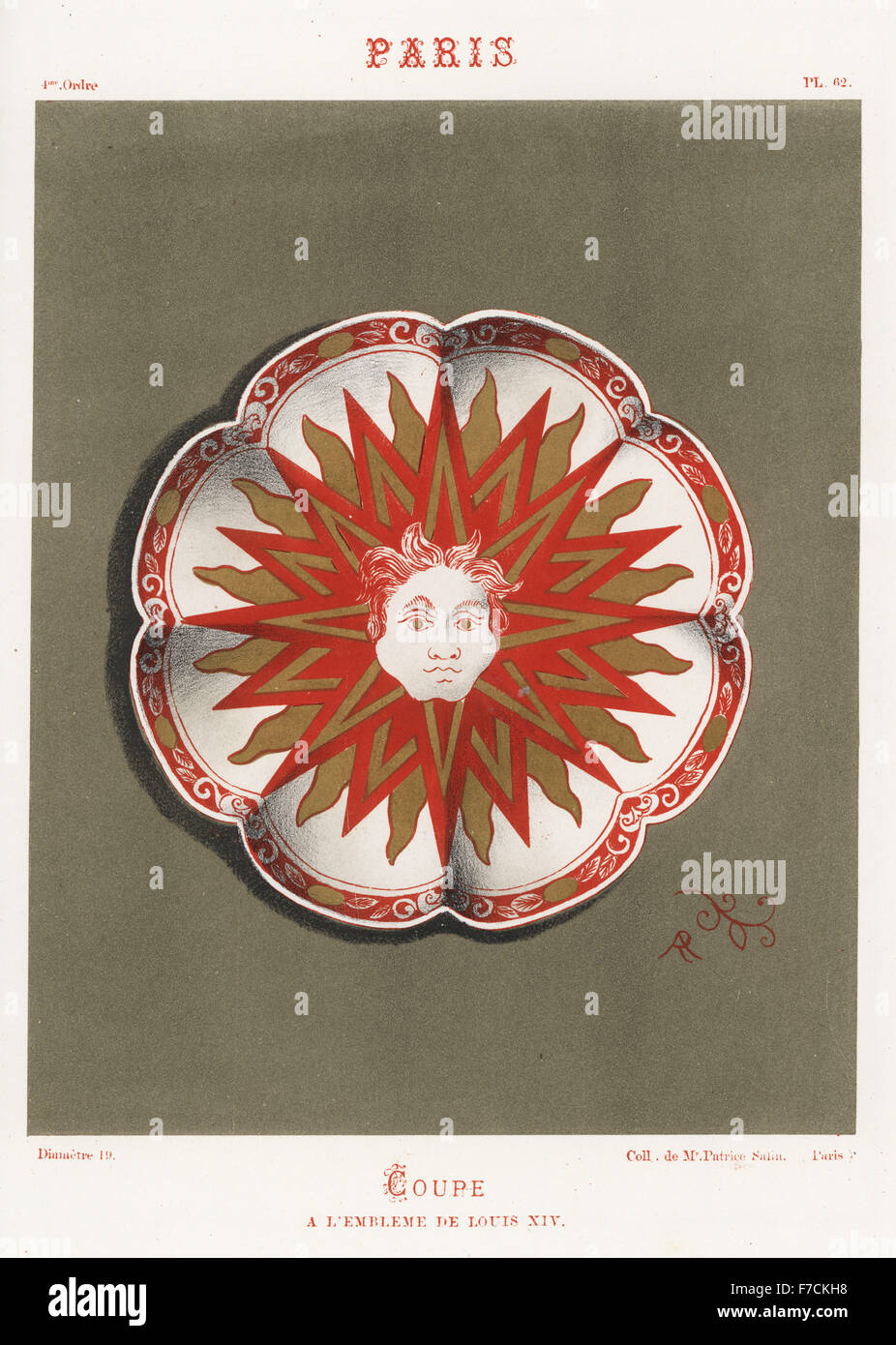Plate with emblem of Louis XIV, the Sun King, Paris, France, 18th century. Hand-finished chromolithograph from Ris Paquot's General History of Ancient French and Foreign Glazed Pottery, Chez l'Auteur, Paris, 1874. Stock Photo