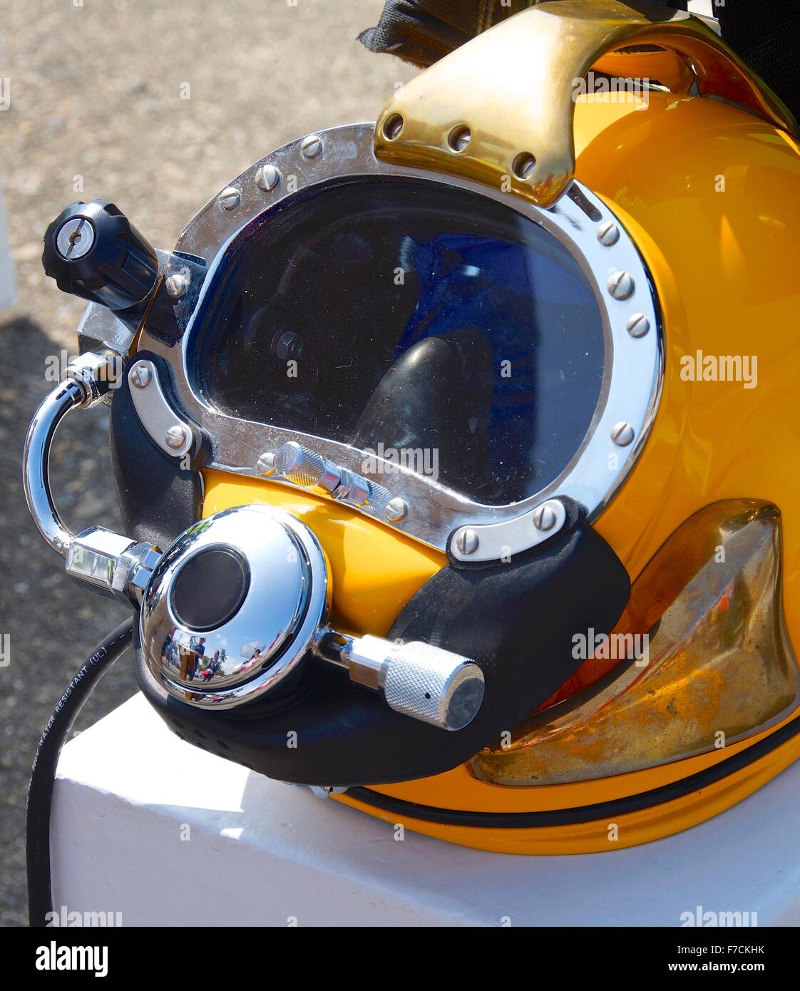 The close up of deep sea diving helmet Stock Photo