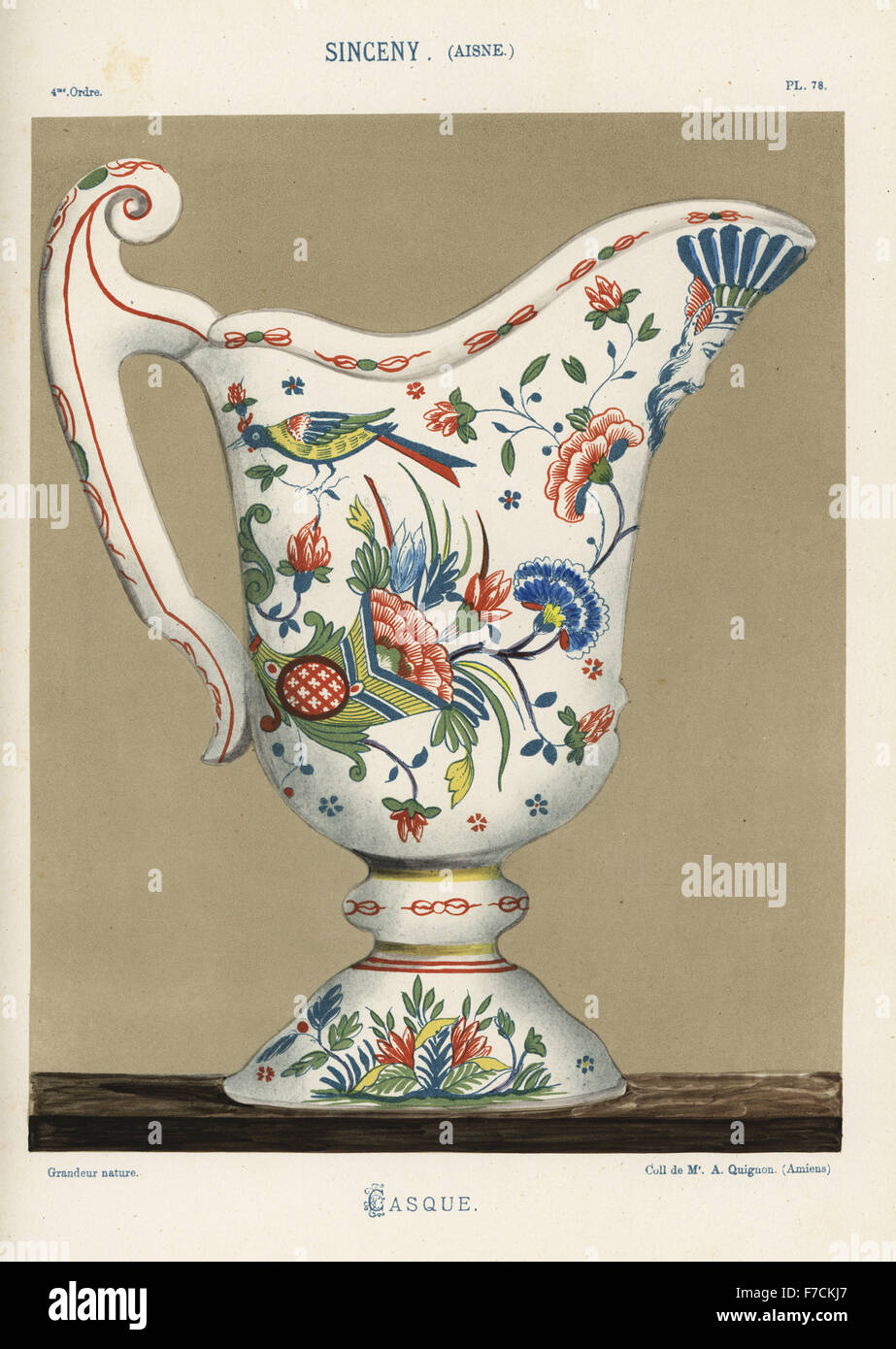 Casque or helmet pitcher from Sinceny, France, 18th century, Oriental birds and flowers and man's head at the spout. Hand-finished chromolithograph from Ris Paquot's General History of Ancient French and Foreign Glazed Pottery, Chez l'Auteur, Paris, 1874. Stock Photo