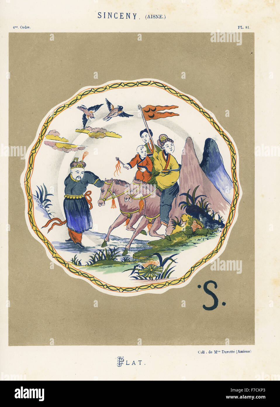 Plate from Sinceny, France, with Chinese family on horseback with pennant, surrounded by birds, mountains and flowers. Hand-finished chromolithograph from Ris Paquot's General History of Ancient French and Foreign Glazed Pottery, Chez l'Auteur, Paris, 1874. Stock Photo