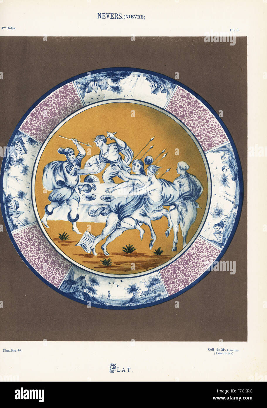 Plate from Nevers, France, decorated with a mythological scene of centaurs kidnapping a woman from a banquet. Hand-finished chromolithograph from Ris Paquot's General History of Ancient French and Foreign Glazed Pottery, Chez l'Auteur, Paris, 1874. Stock Photo