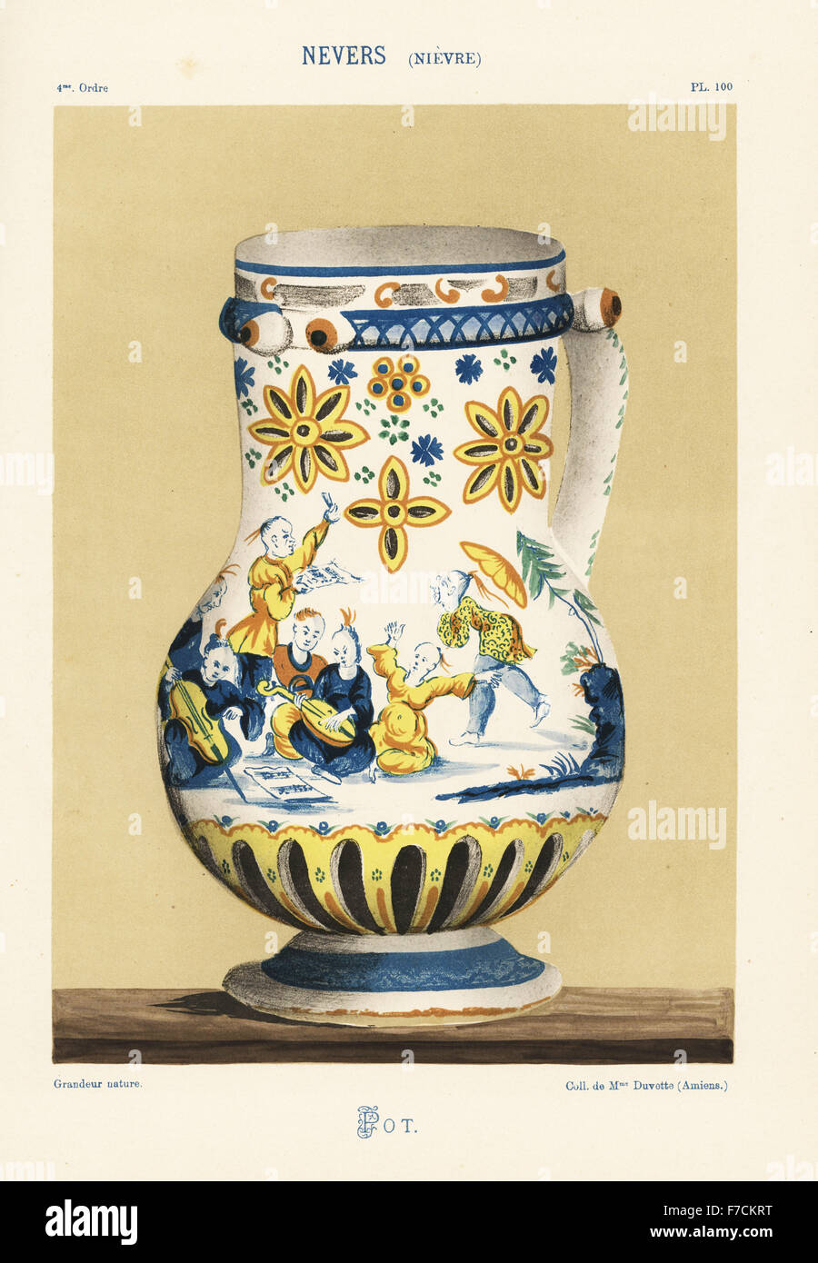 Pot with Chinese musicians playing cello and pipa from Nevers, France. Hand-finished chromolithograph from Ris Paquot's General History of Ancient French and Foreign Glazed Pottery, Chez l'Auteur, Paris, 1874. Stock Photo