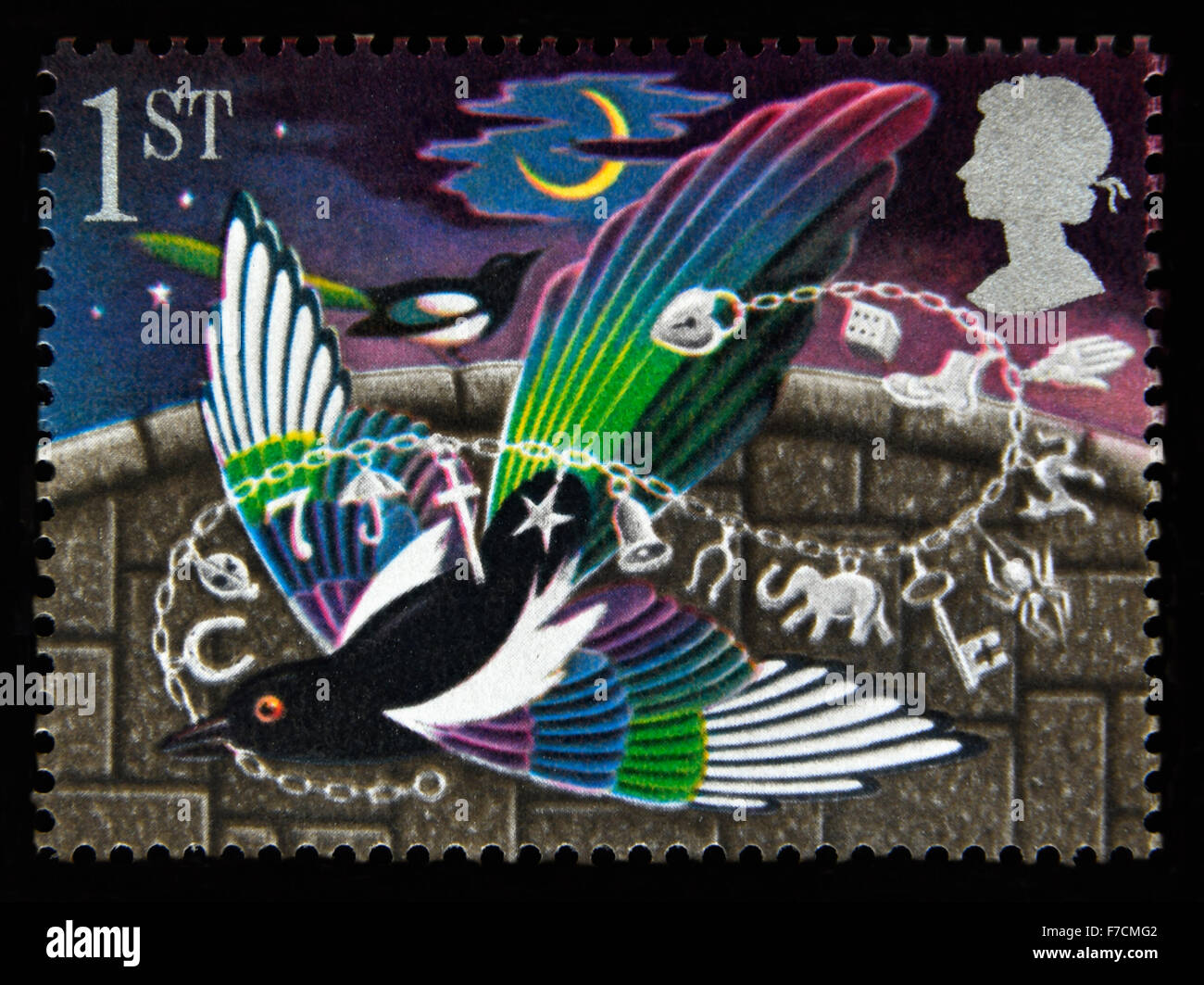 Postage stamp. Great Britain. Queen Elizabeth II. 1991. Greetings Stamps, "Good Luck". Magpies and Charm Bracelet. Stock Photo