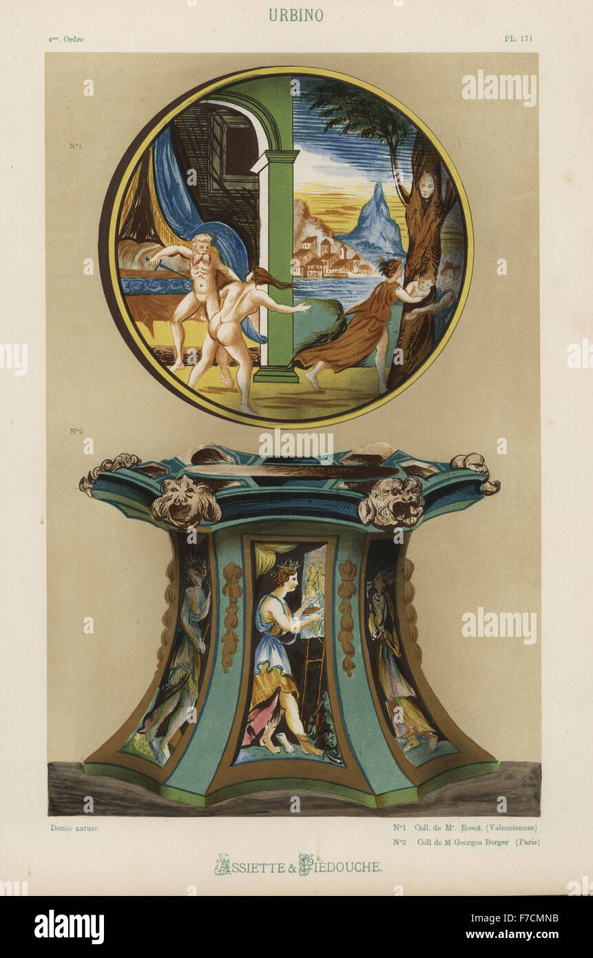 Plate and pedestal in Renaissance maiolica tin-glazed pottery, Urbino, Italy. Decorated with scenes from classical mythology and history. Hand-finished chromolithograph from Ris Paquot's General History of Ancient French and Foreign Glazed Pottery, Chez l'Auteur, Paris, 1874. Stock Photo