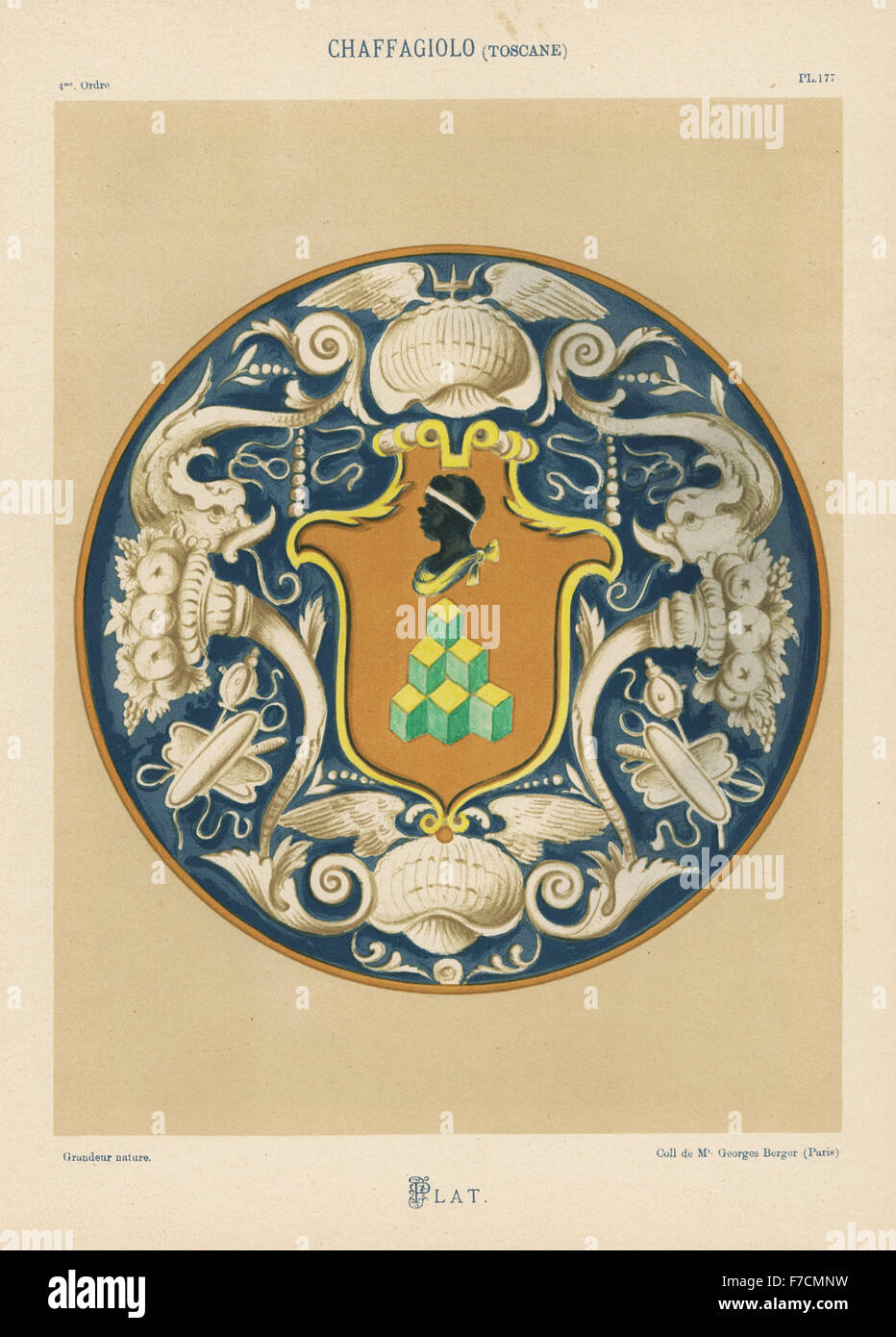 Plate from Chaffagiolo, Tuscany, Renaissance enamel ware, with Moor's head within escutcheon, border of dolphins, shells and cornucopia. Hand-finished chromolithograph from Ris Paquot's General History of Ancient French and Foreign Glazed Pottery, Chez l'Auteur, Paris, 1874. Stock Photo