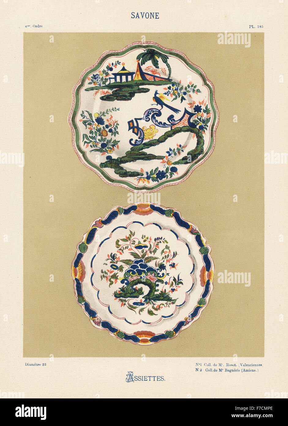 Plates from Savona, Italy, 18th century, with Oriental landscapes, flowers and birds. Hand-finished chromolithograph from Ris Paquot's General History of Ancient French and Foreign Glazed Pottery, Chez l'Auteur, Paris, 1874. Stock Photo