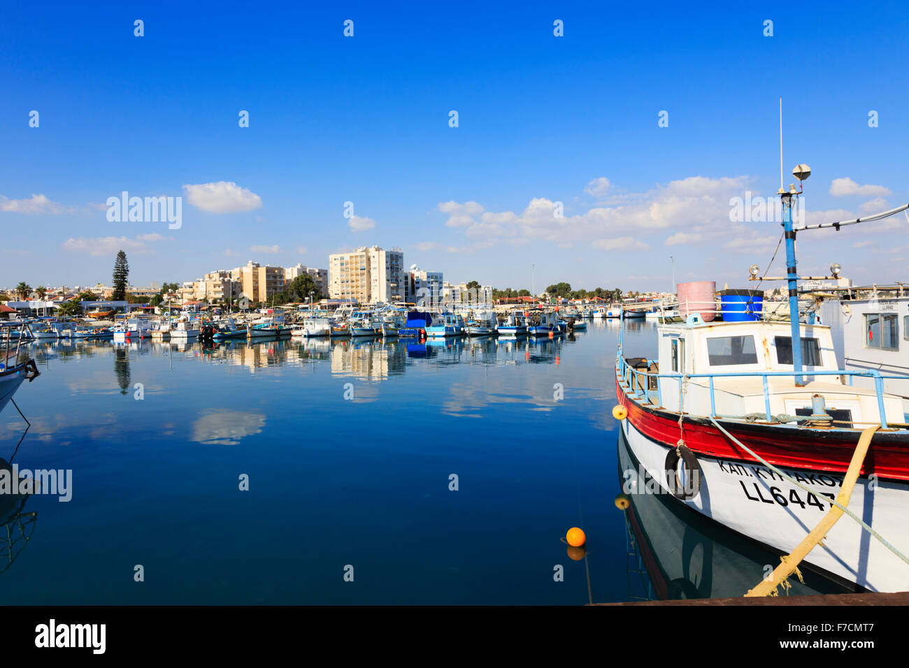 Larnaca fishing harbour with local traditional fishing boats, Stock Photo