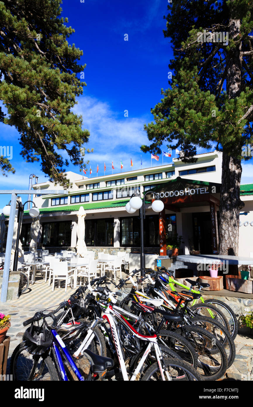 Bikes parked outside the Troodos Hotel, Troodos, Cyprus. Stock Photo