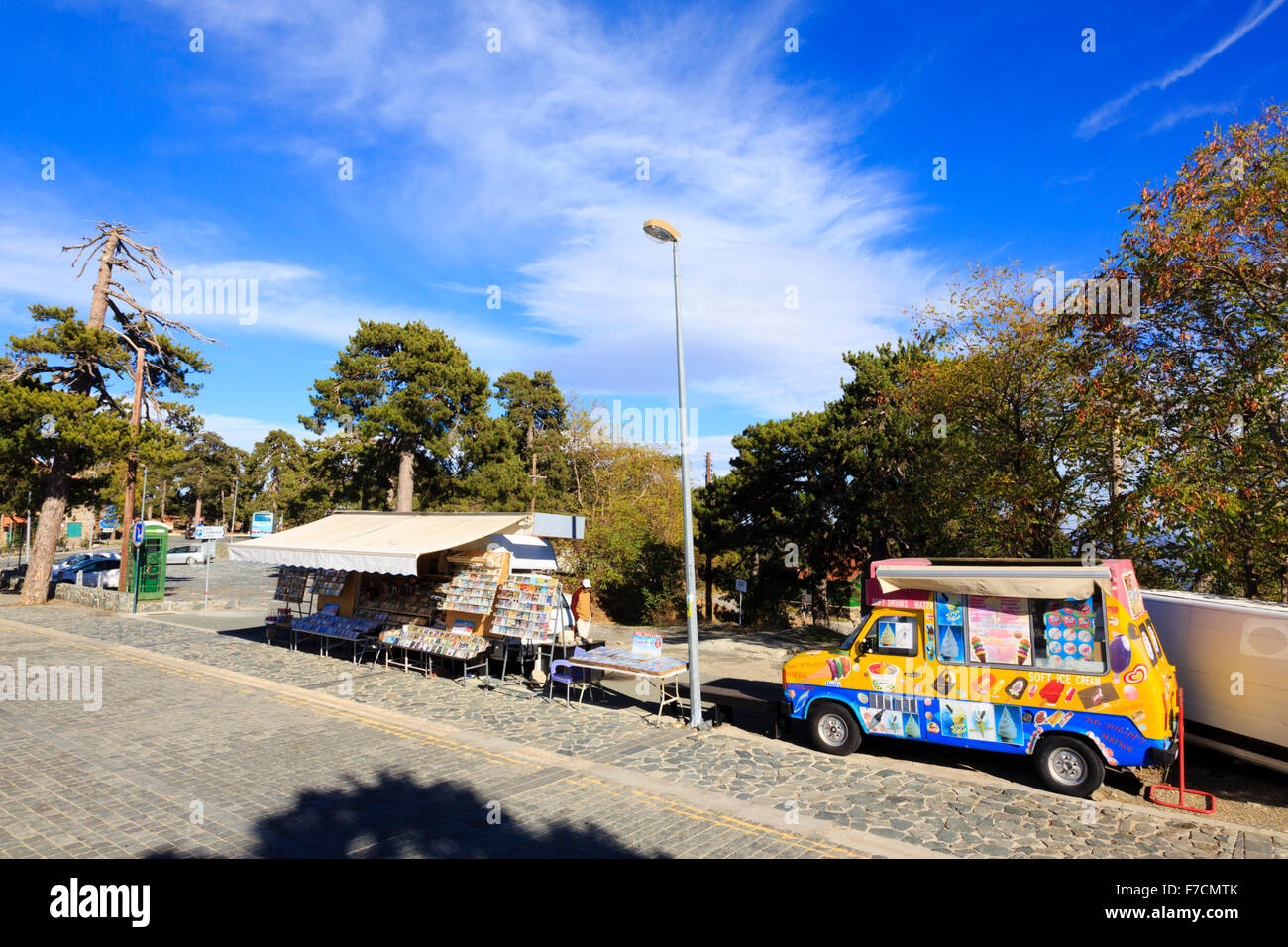 Ice cream van and CD sellers stall, Troodos, Cyprus. Stock Photo