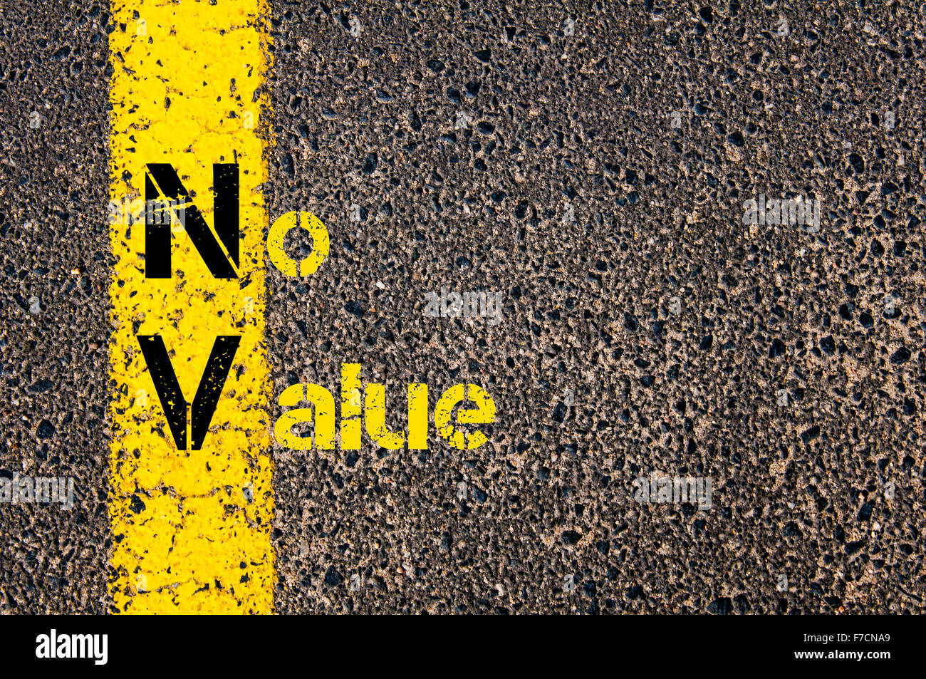 Concept image of Accounting Business Acronym NV No Value written over road marking yellow paint line. Stock Photo