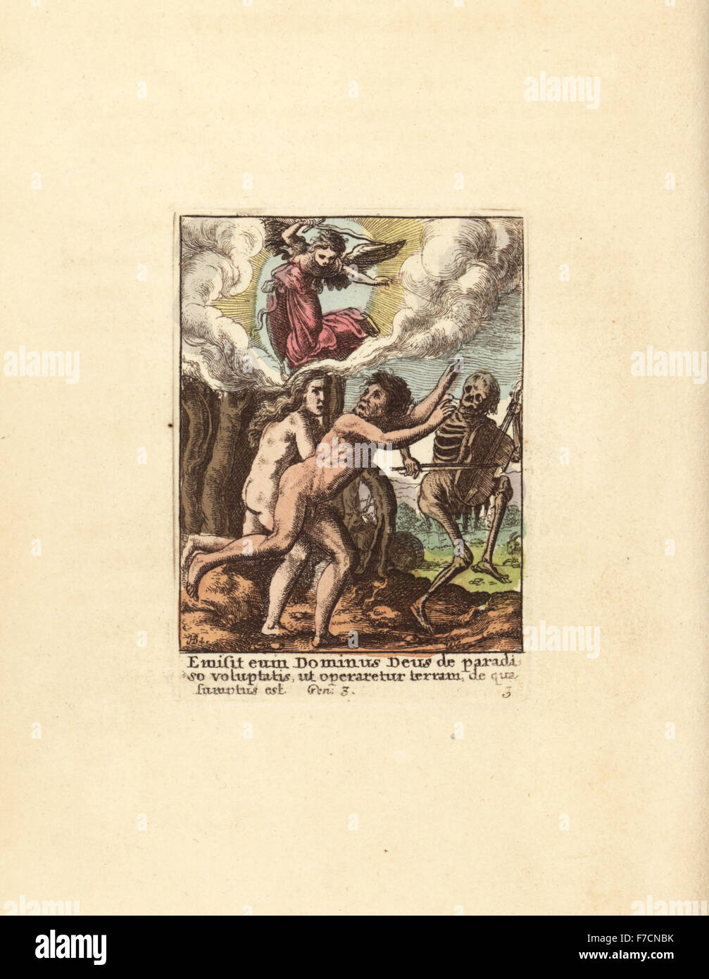 Adam and Eve driven out of the Garden of Eden by an angel and accompanied by a skeleton playing a fiddle. Handcoloured copperplate engraving by Wenceslaus Hollar from The Dance of Death by Hans Holbein, Coxhead, London, 1816. Stock Photo