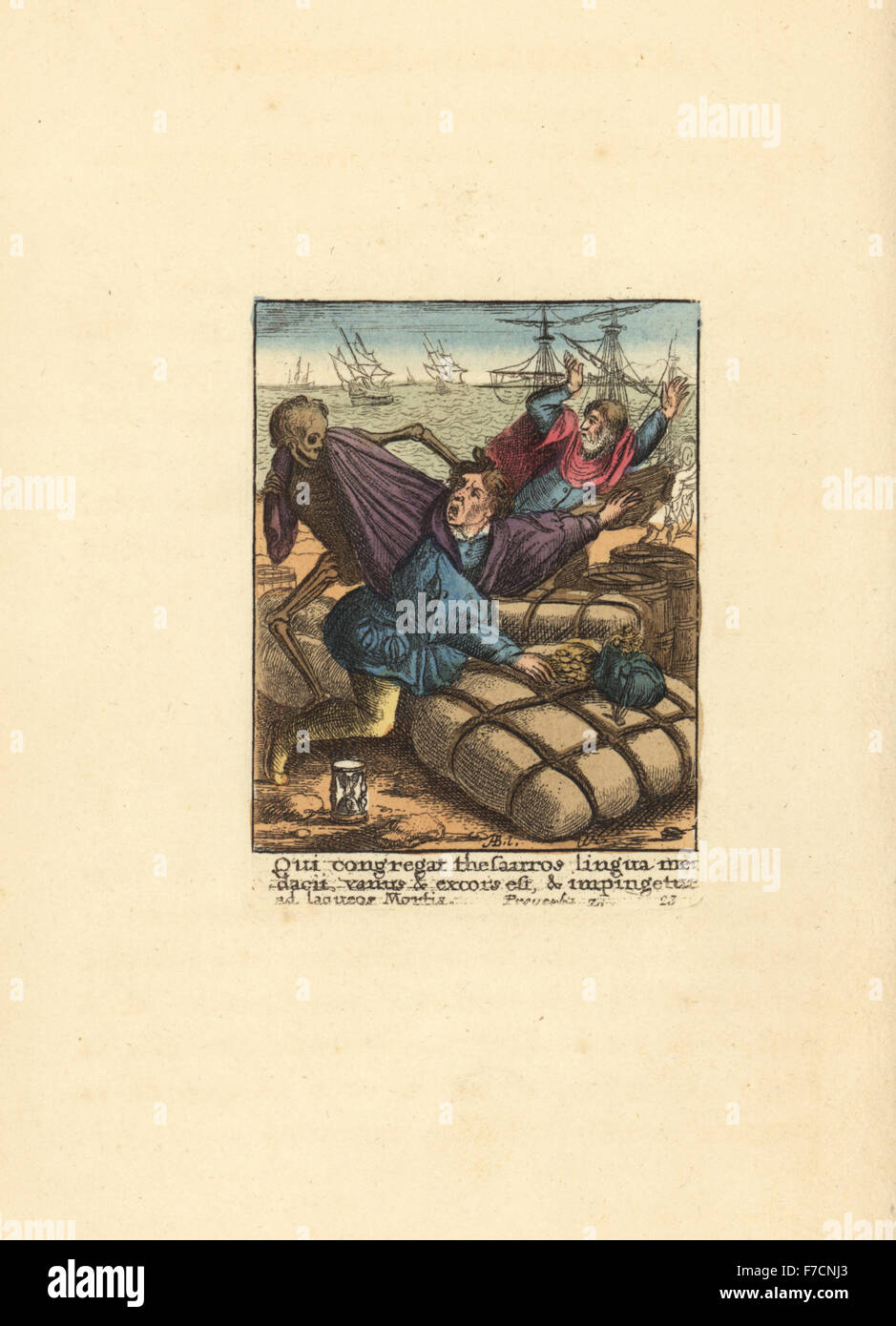 Skeleton of Death pulling the hair of a Merchant as he counts his money and examines his goods on the dock. Handcoloured copperplate engraving by Wenceslaus Hollar from The Dance of Death by Hans Holbein, Coxhead, London, 1816. Stock Photo