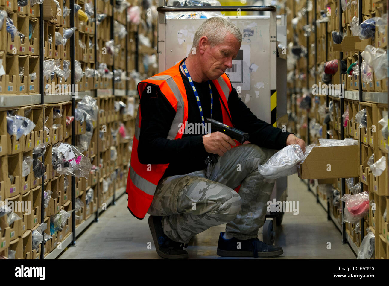 Stock pickers in the Amazon Fulfillment Centre warehouse in Swansea
