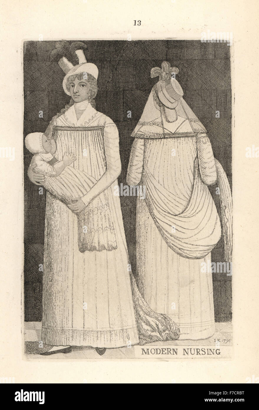 Modern Nursing, satire of the short-waisted gowns fashionable in the 1790s. Copperplate engraving by John Kay from A Series of Original Portraits and Caricature Etchings, Hugh Paton, Edinburgh, 1842. Stock Photo