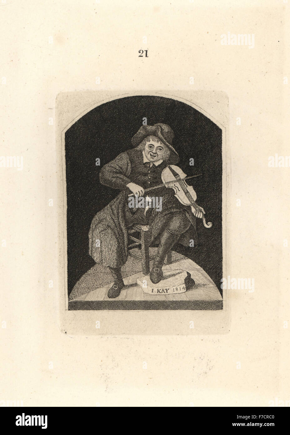 The Fiddler of Glenbirnie. Copperplate engraving by John Kay from A Series of Original Portraits and Caricature Etchings, Hugh Paton, Edinburgh, 1842. Stock Photo