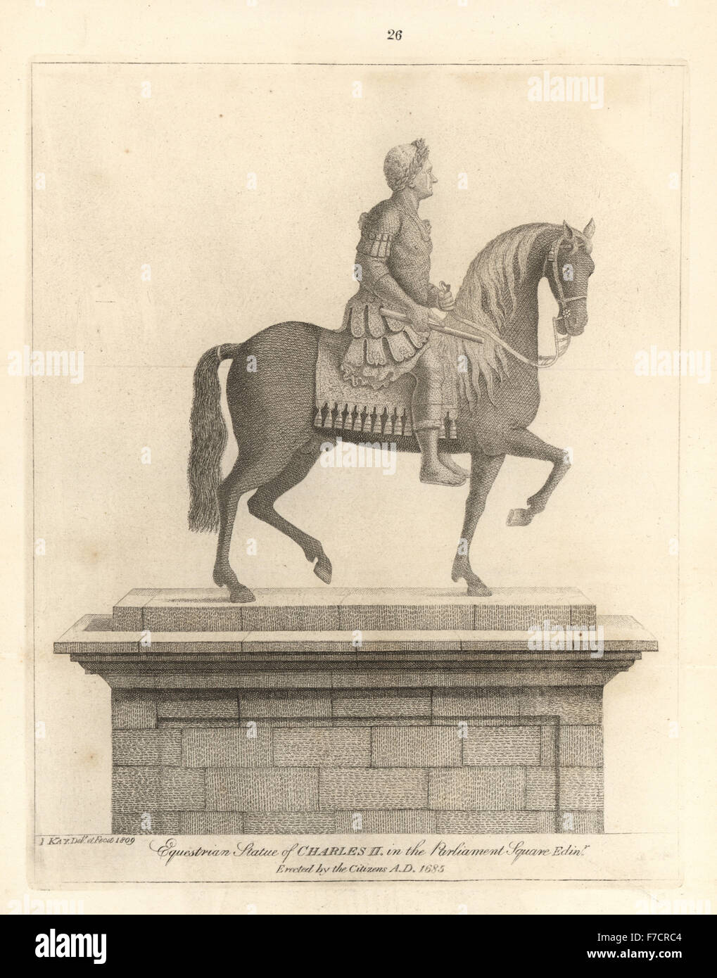 Equestrian statue of King Charles II as a Roman emperor, erected in Parliament Square, 1785. Copperplate engraving by John Kay from A Series of Original Portraits and Caricature Etchings, Hugh Paton, Edinburgh, 1842. Stock Photo
