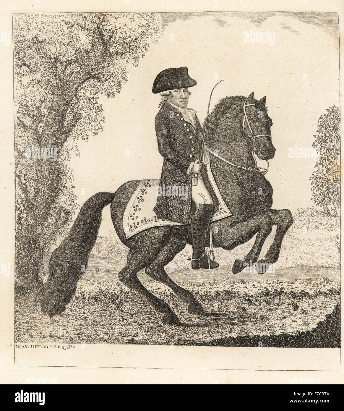 Angelo Tremamondo, Italian riding master and first Master of the Royal Riding Menage, and brother to the famous fencing master Dominico Angelo Malevolti Tremamondo. Copperplate engraving by John Kay from A Series of Original Portraits and Caricature Etchings, Hugh Paton, Edinburgh, 1842. Stock Photo