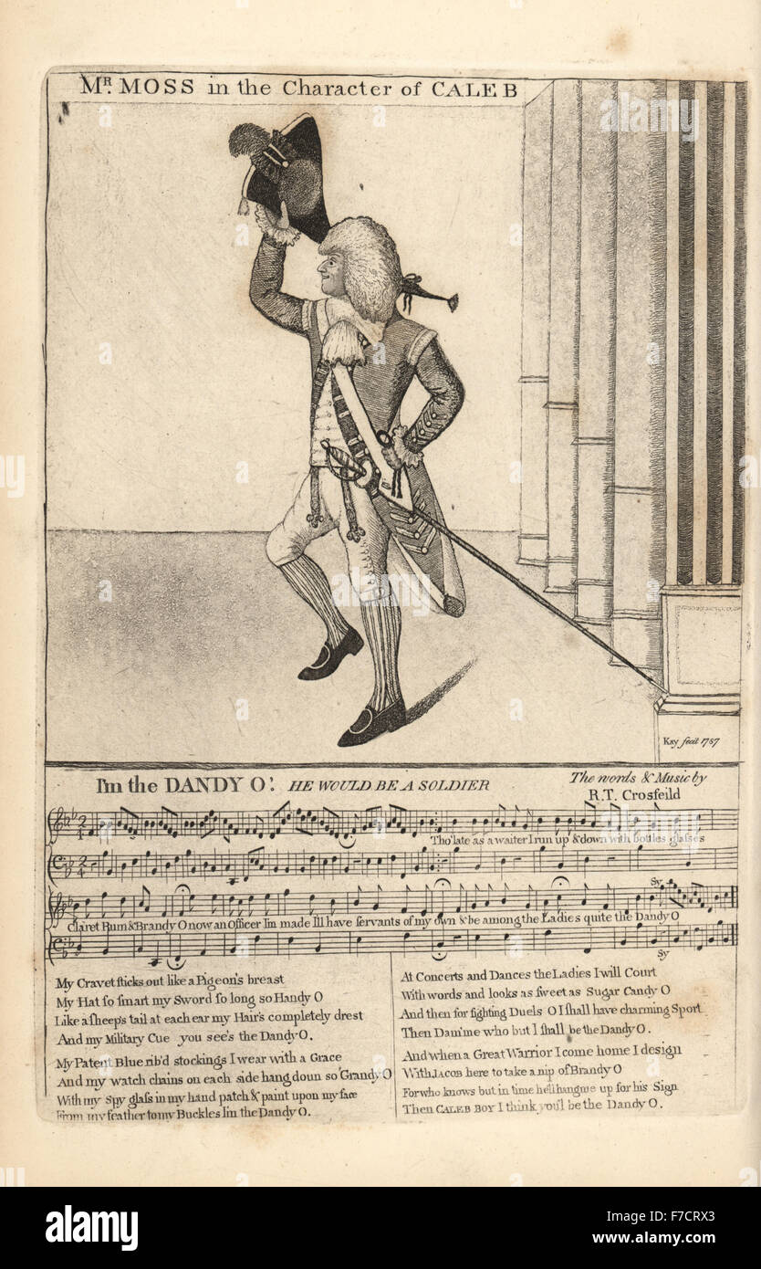 Comic actor Mr William Henry Moss in the character of Caleb in He Would be a Soldier, with the music for 'I'm the Dandy, O' by R.T. Crosfield. Copperplate engraving by John Kay from A Series of Original Portraits and Caricature Etchings, Hugh Paton, Edinburgh, 1842. Stock Photo