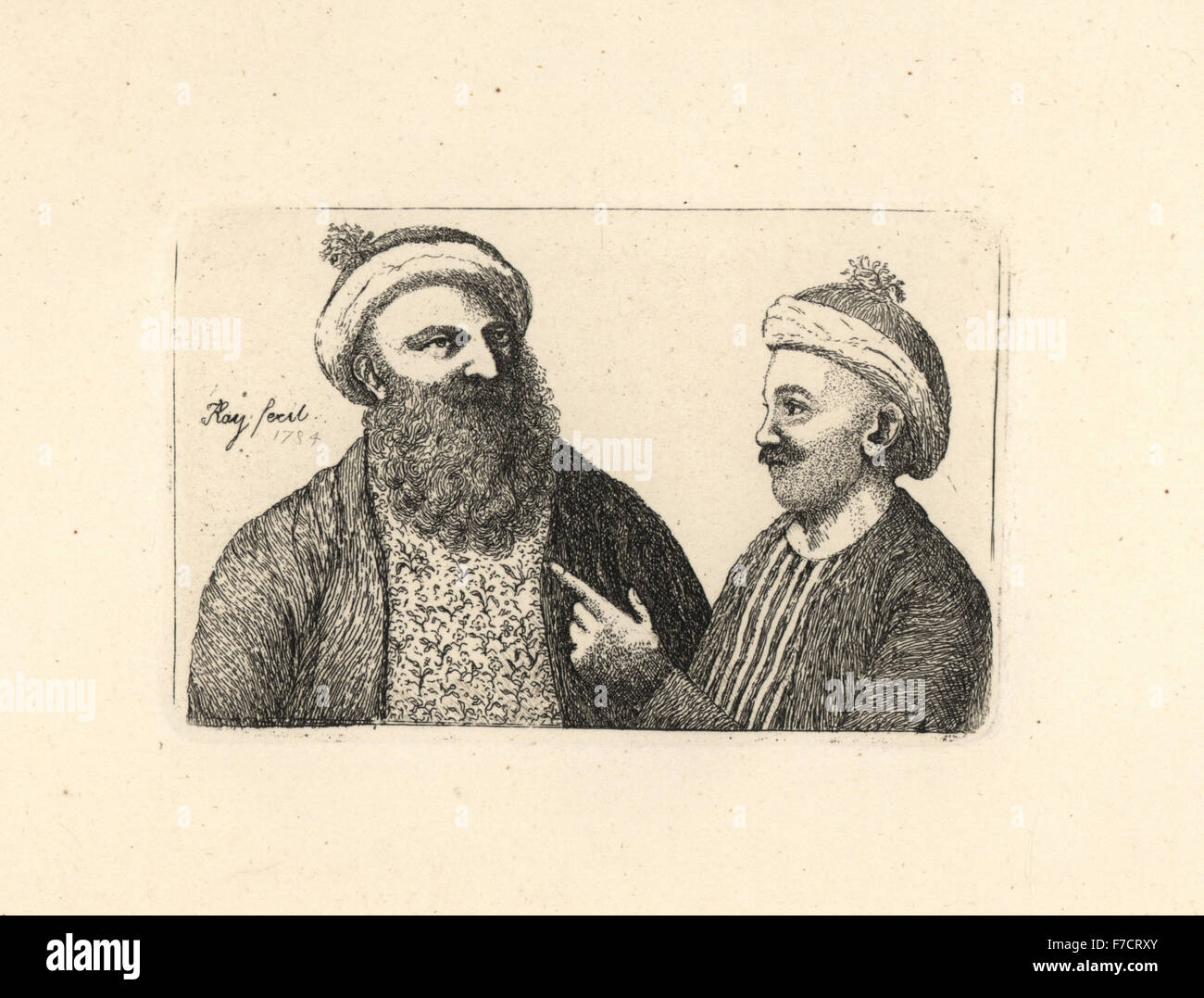 Two Turkish slipper or shoe makers, Mahomet and his son Abraham. Copperplate engraving by John Kay from A Series of Original Portraits and Caricature Etchings, Hugh Paton, Edinburgh, 1842. Stock Photo