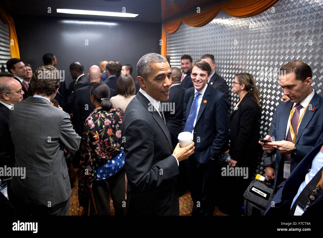 U.S. President Barack Obama rides the freight elevator with staff and Secret Service on his way to the Association of Southeast Asian Nation summit meeting November 22, 2015 in Kuala Lumpur, Malaysia. Stock Photo