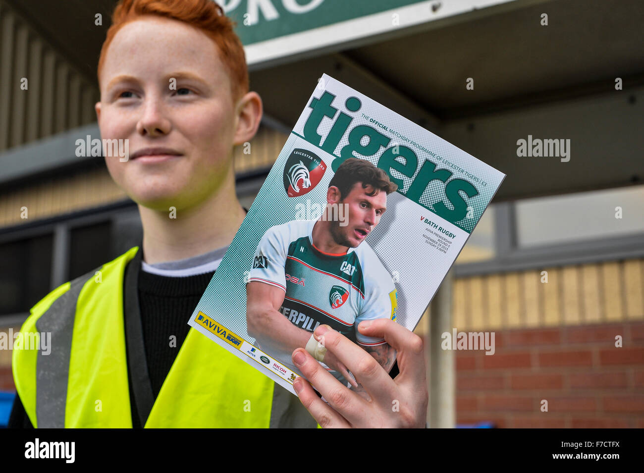 Welford Road, Leicester, UK. 29th Nov, 2015. Aviva Premiership. Leicester Tigers versus Bath Rugby. Match day programmes for sale outside the ground. © Action Plus Sports/Alamy Live News Stock Photo