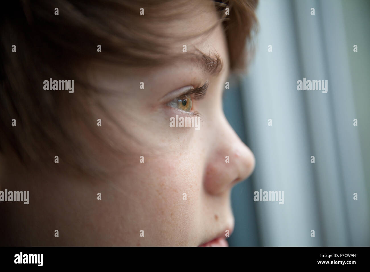 Close up of twelve year old boy looking out of window. Stock Photo