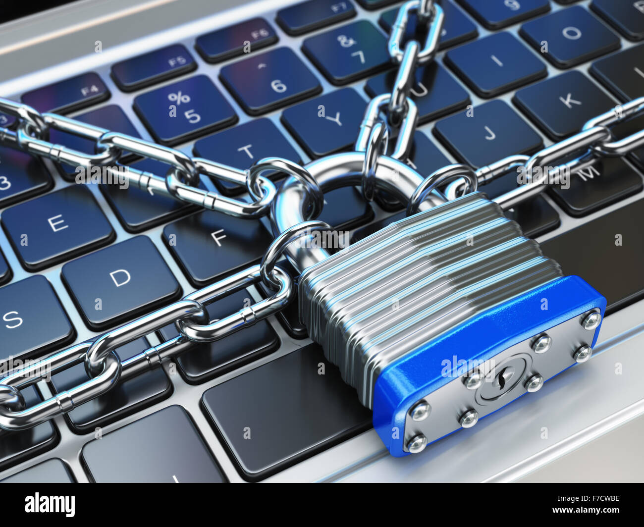 Computer security or safety concept. Laptop keyboard with lock and chain. 3d Stock Photo