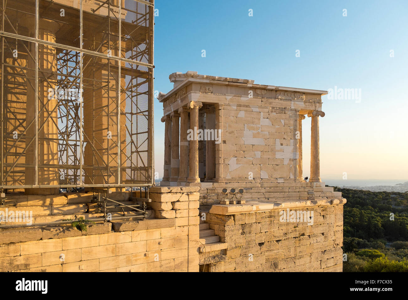 Temple of Athena Nike on top of the Acropolis in Athens during golden hours Stock Photo