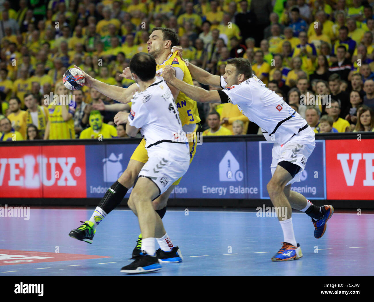 Michal Jurecki (yellow shirt) Champions League man handball match between Vive Tauron Kielce and MDK HC Vardar Skopje in Kielce, Stock Photo