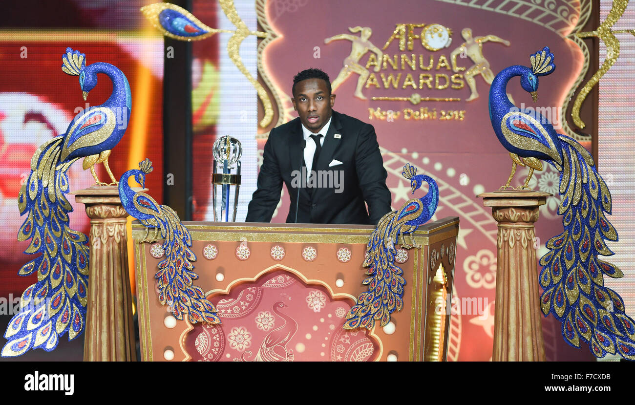 (151129) -- GURGAON, Nov. 29, 2015 -- (Xinhua) -- AFC Player of the Year Ahmed Khalil of the United Arab Emirates speaks after receiving the award at the 2015 AFC Annual Awards ceremony in Gurgaon, India, Nov. 29, 2015. (Xinhua/Bi Xiaoyang) Stock Photo