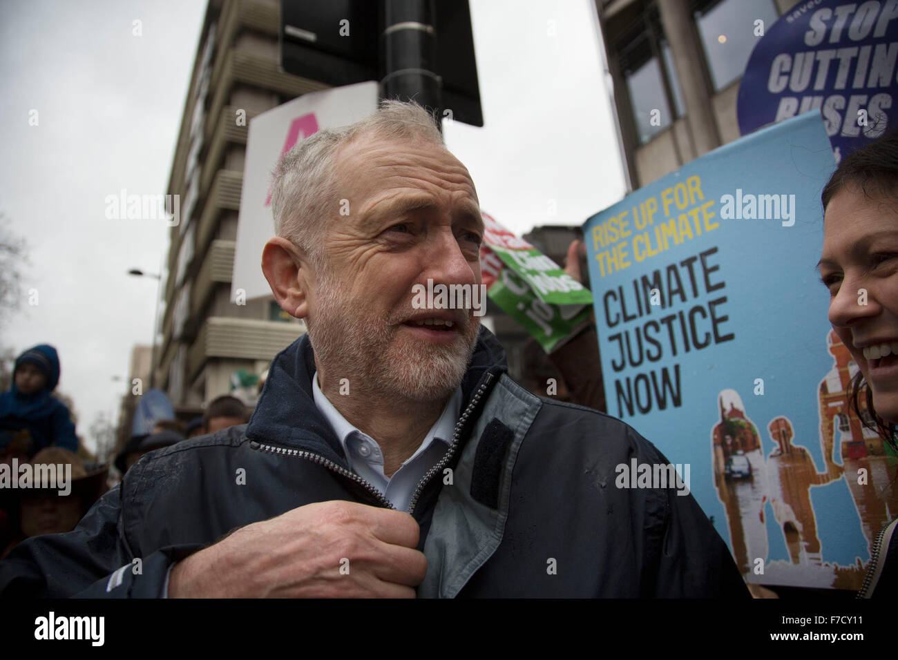 London, UK. Sunday 29th November 2015. Labour Party Leader Jeremy Corbyn attends the Peoples March for Climate Justice and Jobs demonstration. Demonstrators gathered in their tens of thousands to protest against all kinds of environmental issues such as fracking, clean air, and alternative energies, prior to Major climate change talks. Stock Photo