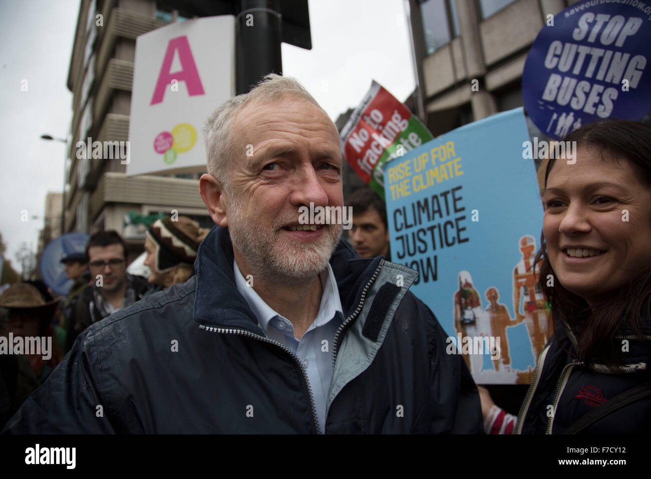London, UK. Sunday 29th November 2015. Labour Party Leader Jeremy Corbyn attends the Peoples March for Climate Justice and Jobs demonstration. Demonstrators gathered in their tens of thousands to protest against all kinds of environmental issues such as fracking, clean air, and alternative energies, prior to Major climate change talks. Stock Photo