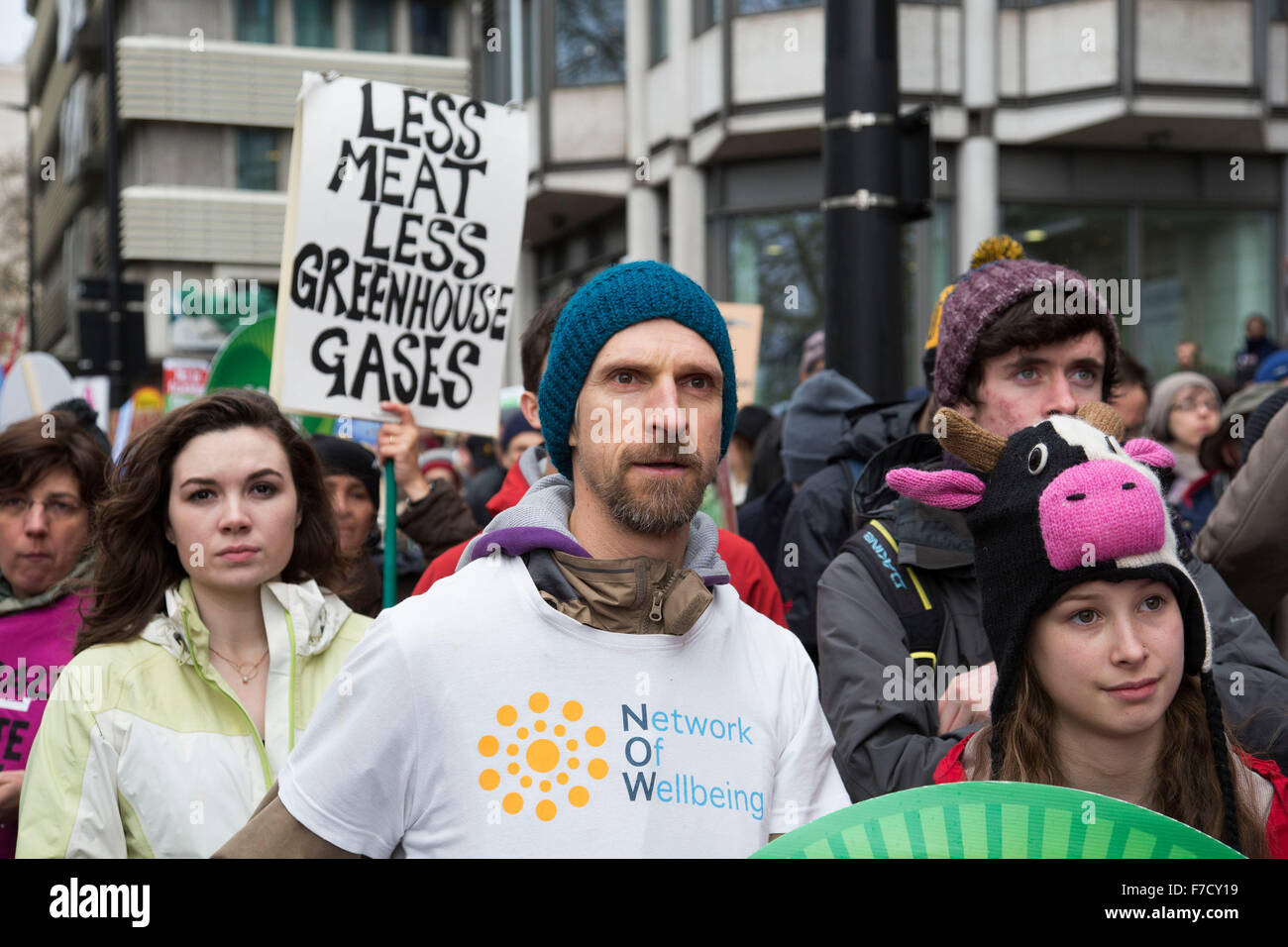 London, UK. Sunday 29th November 2015. Peoples March for Climate Justice and Jobs demonstration. Demonstrators gathered in their tens of thousands to protest against all kinds of environmental issues such as fracking, clean air, and alternative energies, prior to Major climate change talks. Stock Photo
